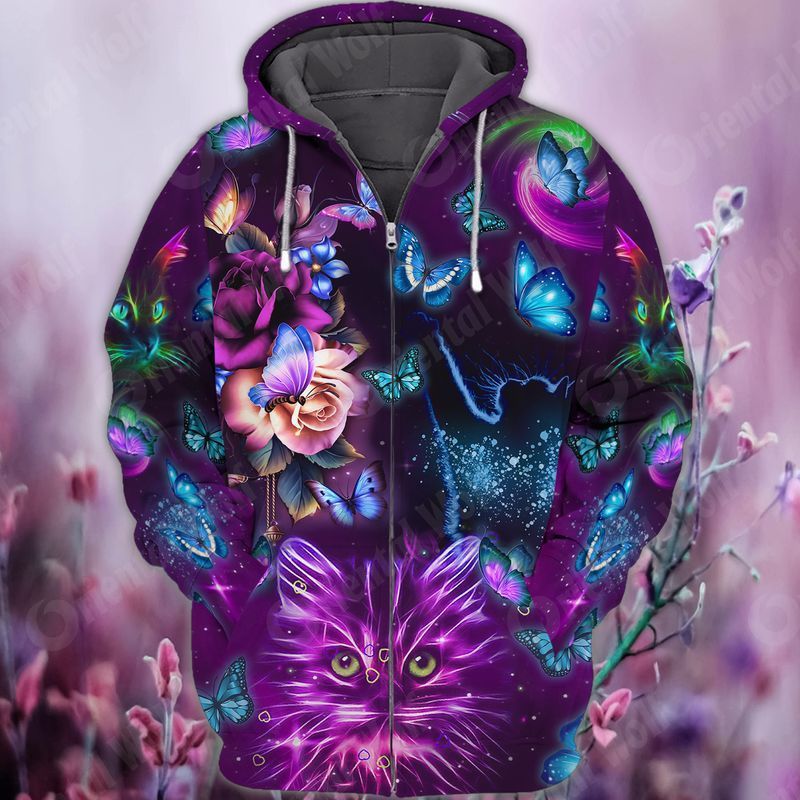 Purple Butterfly Kitten Fairies Starry 3D Full Print Zipper Hoodie