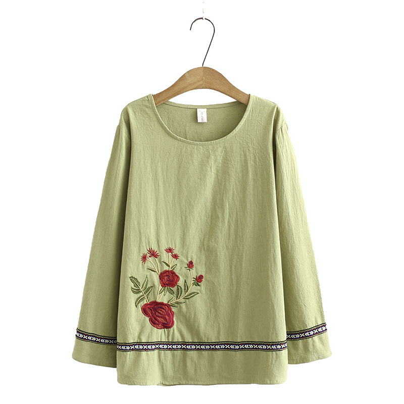 Woman Autumn T-shirt Ladies Floral Tops Female Long Sleeve Tshirt Loose Washed Cotton Embroidered Plus Size Clothing J3 0122 alx