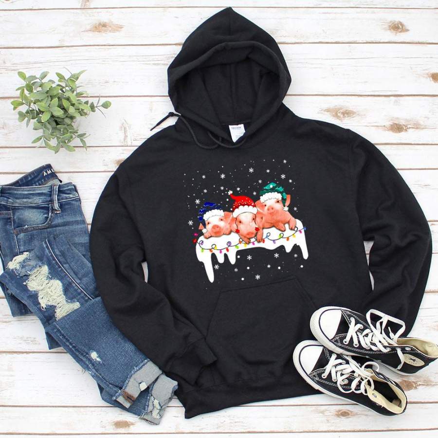 Cute pig happy face christmas colorful light snowflakes winter season gift black hoodie for men and women S-5XL