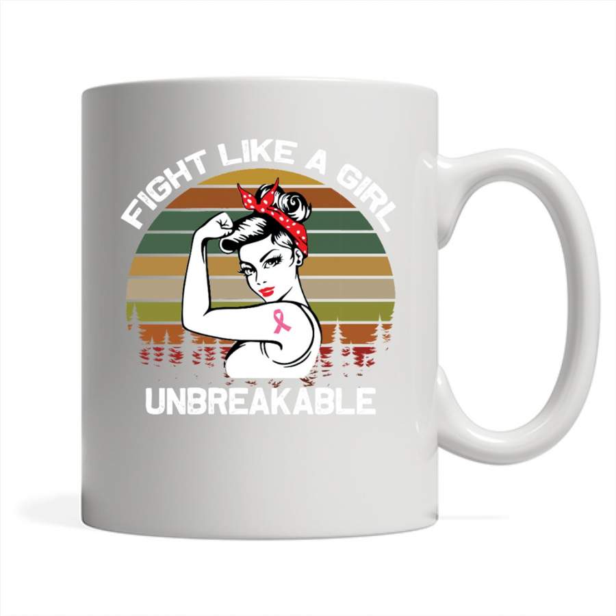 Fight Like A Girl Unbreakable, Strong Girl Breast Cancer Awareness, Retro VIntage Design – Full-Wrap Coffee White Mug