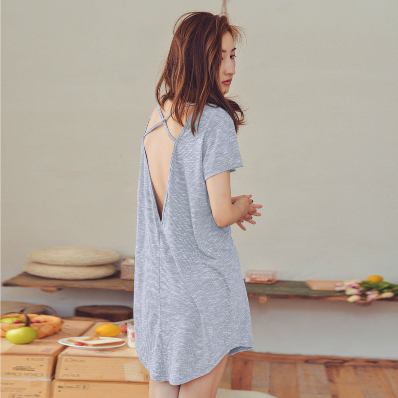 Summer Short-sleeved Pyjamas Sexy Woman with Open Back V Collar Night Gown Sleep Dress Beautiful Nightgown Home Dress Sleepwear alx