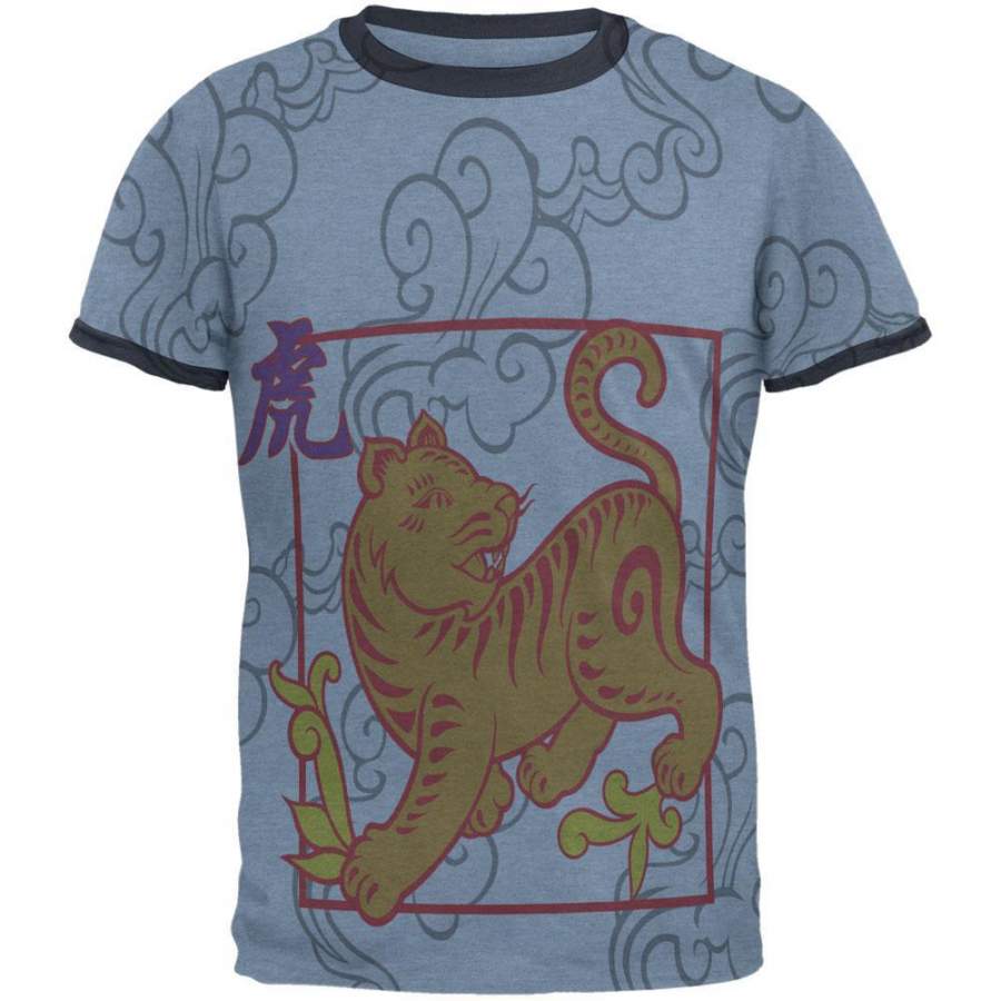 Chinese New Year Tiger All Over Heather Blue-Navy Men’s Ringer T-Shirt