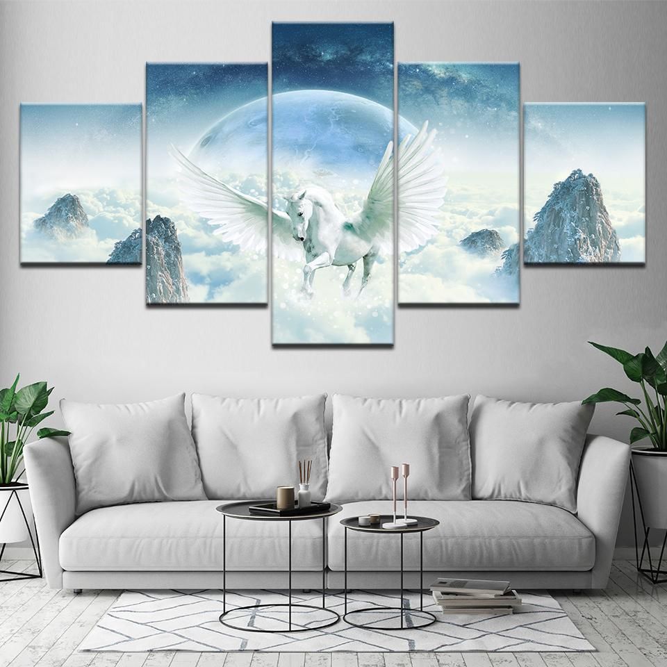 White Horse And Wings Wonderland Scenery Abstract Animal 5 Panel Canvas Art Wall Decor