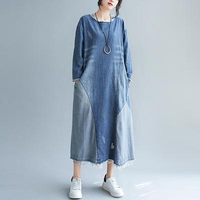 2020 New Arrival Autumn Arts Style Women Loose Casual Long Sleeve O-neck Dress Button Cotton Denim Patchwork Long Dresses A507 alx