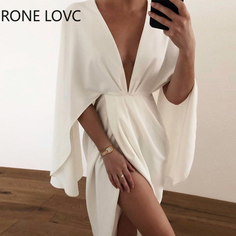 Women Sexy Sold Plunge Ruched Detail Slit Cape Sleeve Dress Party Dress Elegant Fashion Chic Dress alx