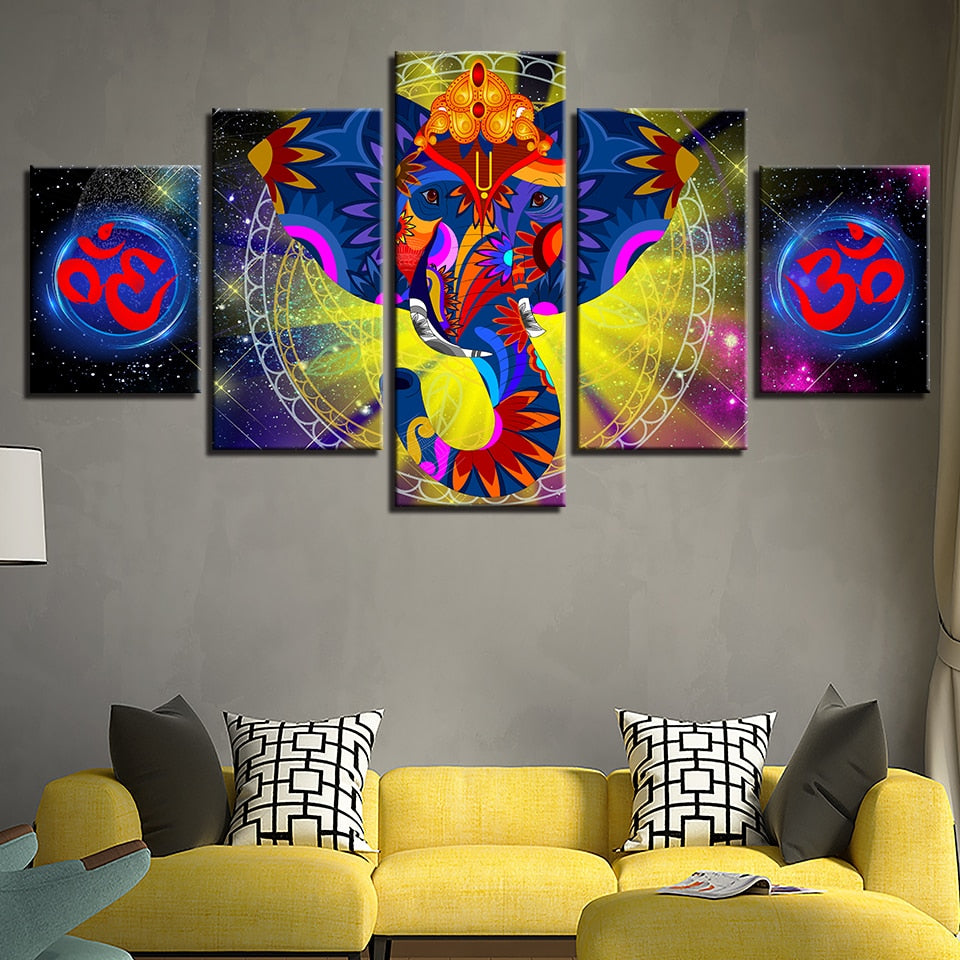 India Elephant Ganesha 5 Piece Hd Multi Panel Canvas Wall Art Frame