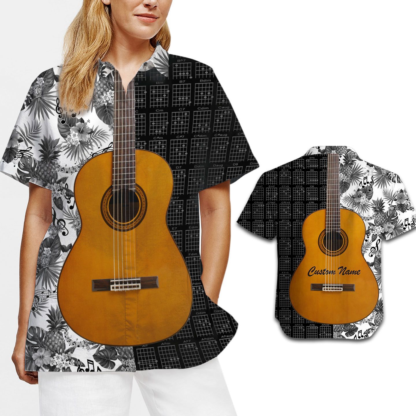 Beach Shirt Guitar Chords Floral Custom Name Women Hawaiian Shirt