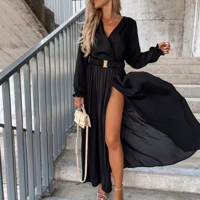 Spring Autumn Women Loose Dress Fashion Long Sleeve Party Dresses For Femme Casual V Neck Elegant Dress Satin Split Dress Robe alx