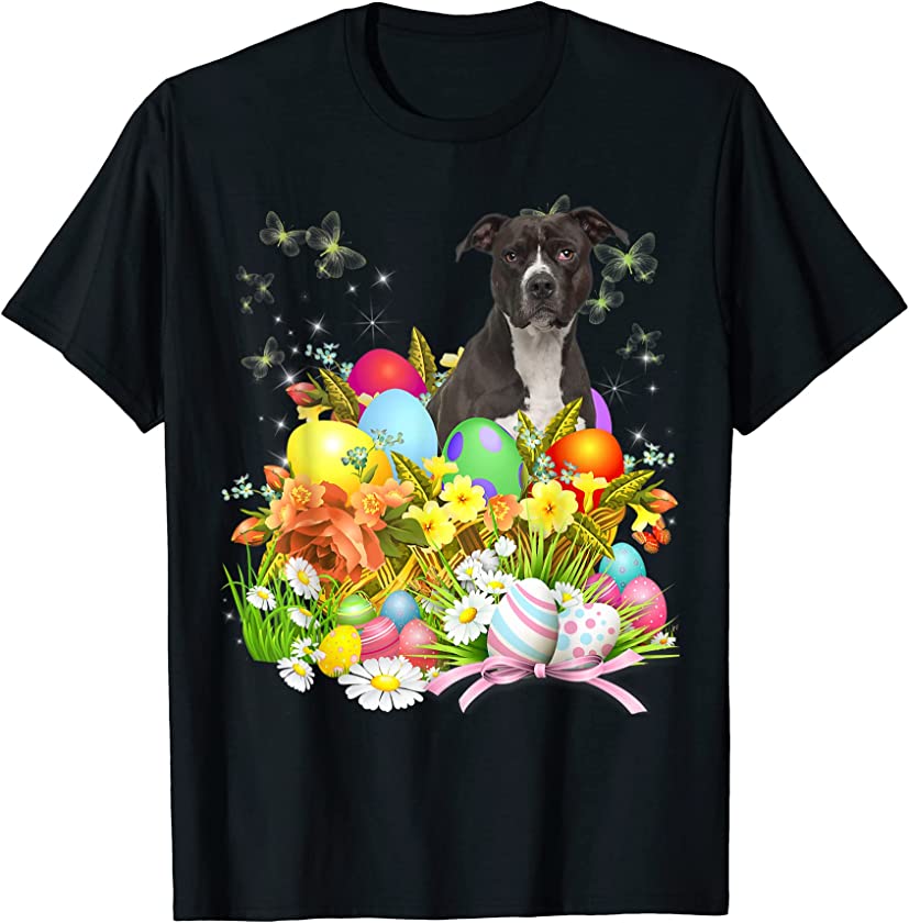 American Pit Bull Bunny Dog With Easter Eggs Basket Cool T-Shirt