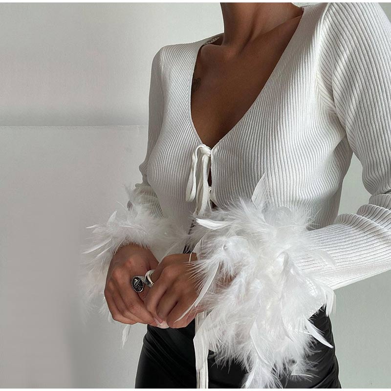 Women Sexy V-neck Feathers Lace up Ribber Knitted Top Long Sleeve Skinny White T Shirt Tops 2022 Lady Y2K Club Fashion Crop Tees alx