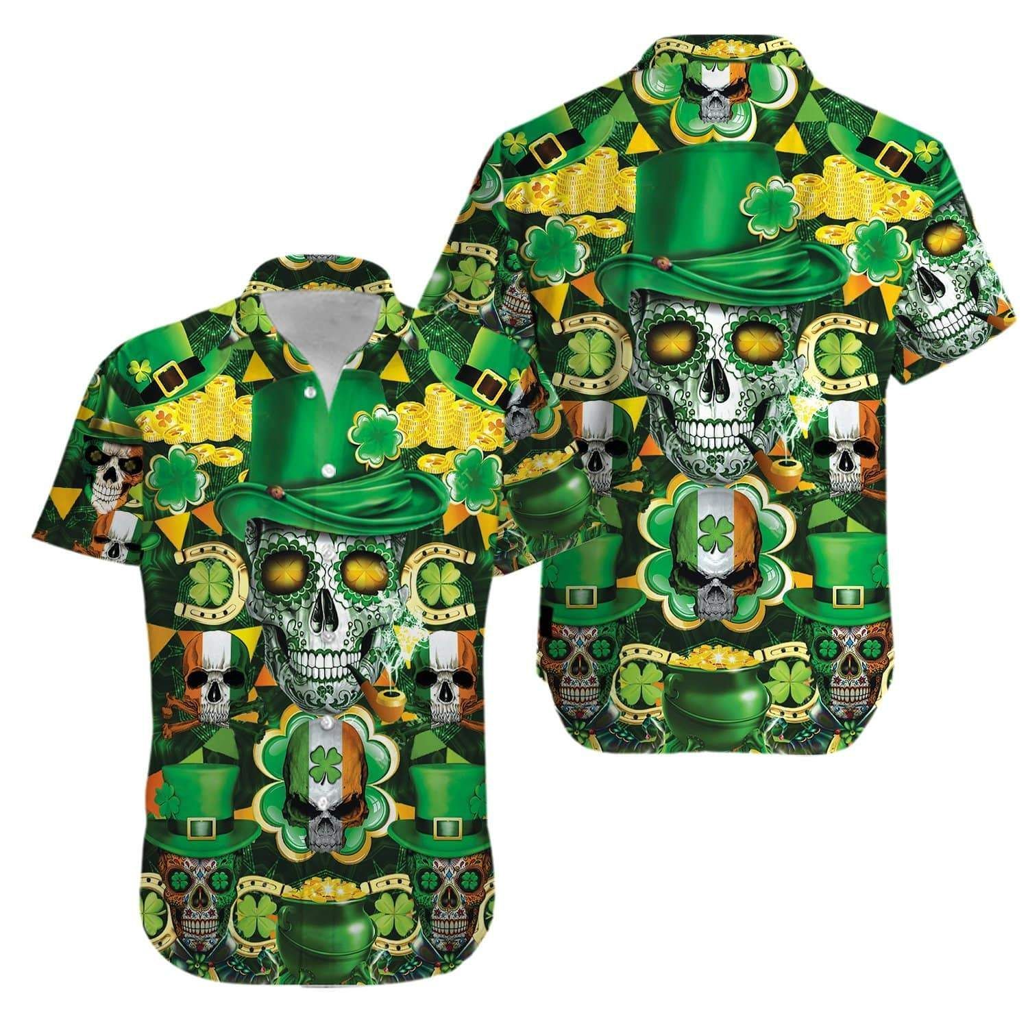 Shop Irish Skull Rich St Patrick Green Hawaii Aloha Shirts Ha19920