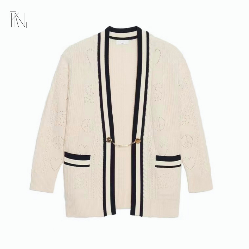 Collision Color Black and White Long-sleeved Cardigan for RUANDAI 2022 Summer New Micro Hollow Jacquard Loose Knit Sweater Women alx