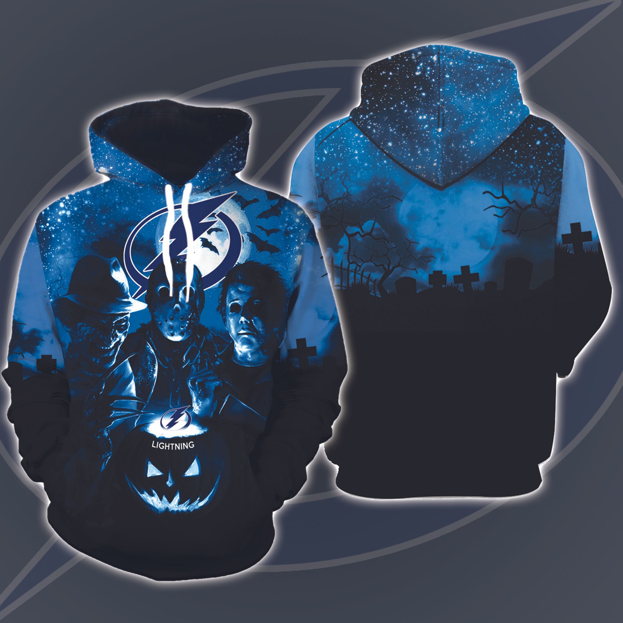 Tampa Bay Lightning Halloween and Michael Myers, Jason Voorhees, Freddy Krueger 3D Printed Hoodie