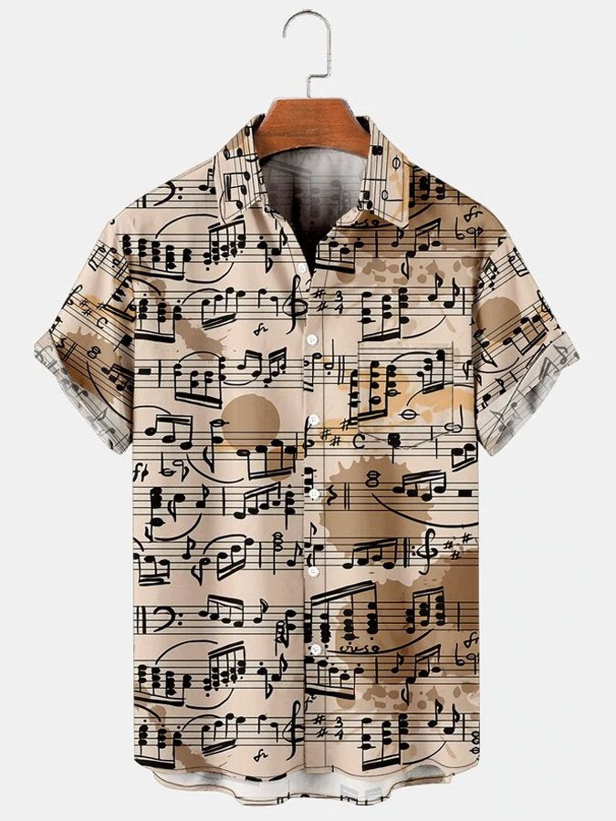 Contrasting Musical Symbol Pattern Hawaii Shirt With Pockets Ha31625