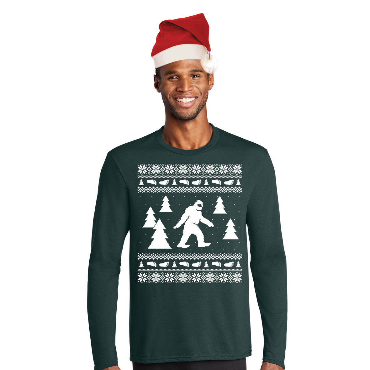 Sasquatch Ugly Christmas Sweater Green Mens Long Sleeve T Shirt With Santa Hat