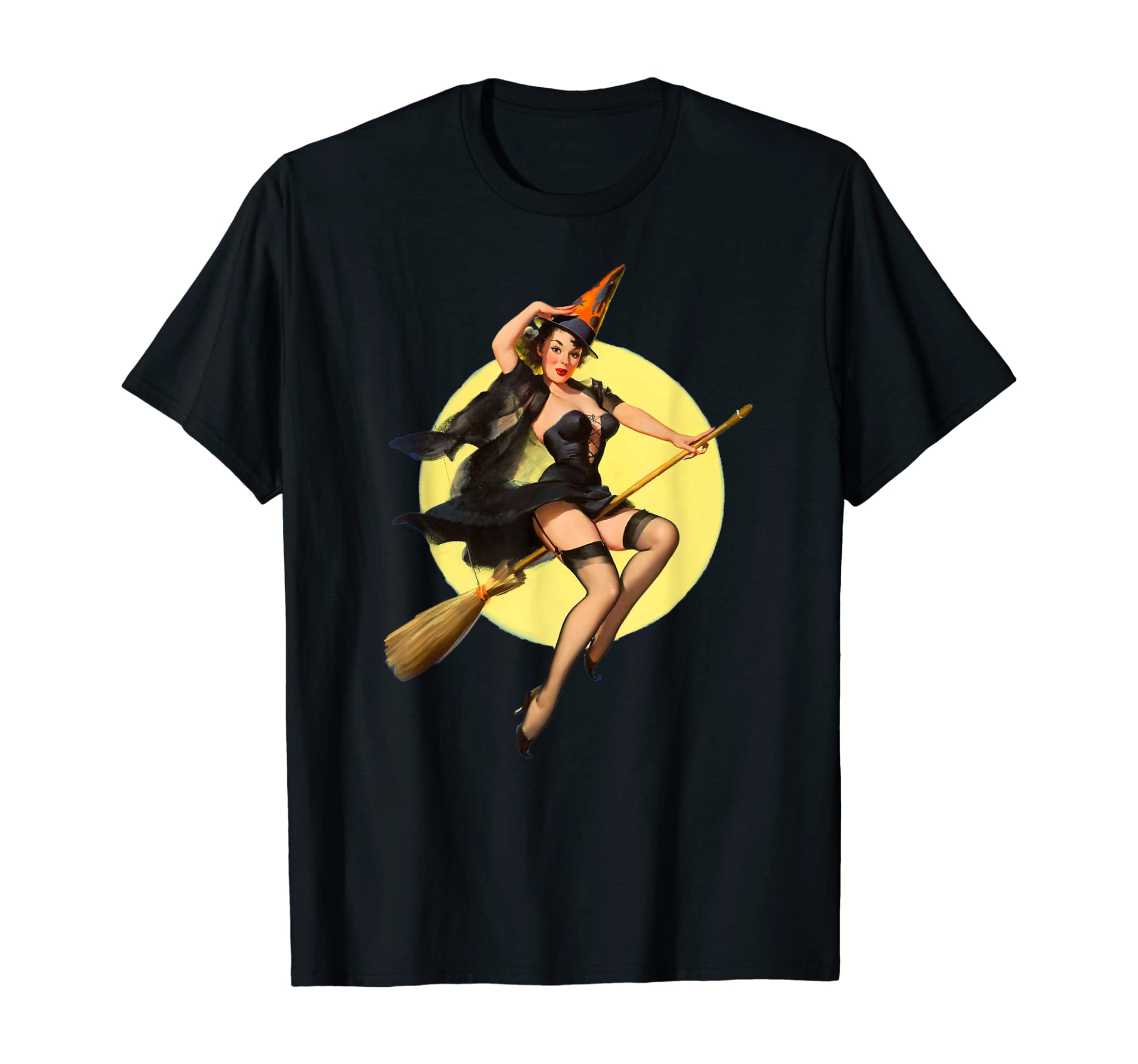 Vintage Pin Up Witch Halloween Pinup Girl Funny Ilustration T-Shirt