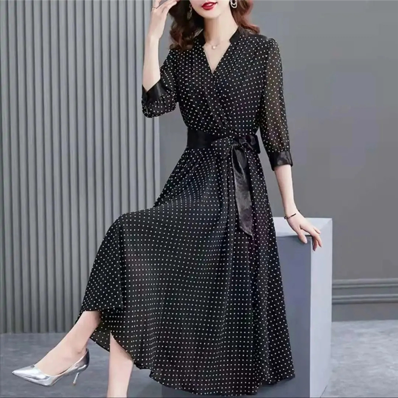 Black Vintage Dot Print Dress Women Summer Elegant Lace Up Half Sleeve Midi Party Dresses Ladies Casual Plus Size A-Line Dress alx