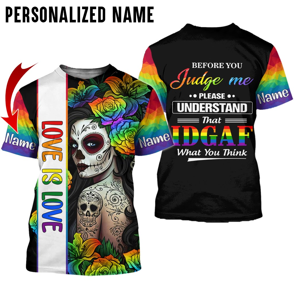 Personalized Skull Lgbt 3D Shirt Love Is Love In Rainbow Flower Background, Pride Month 3D Shirt