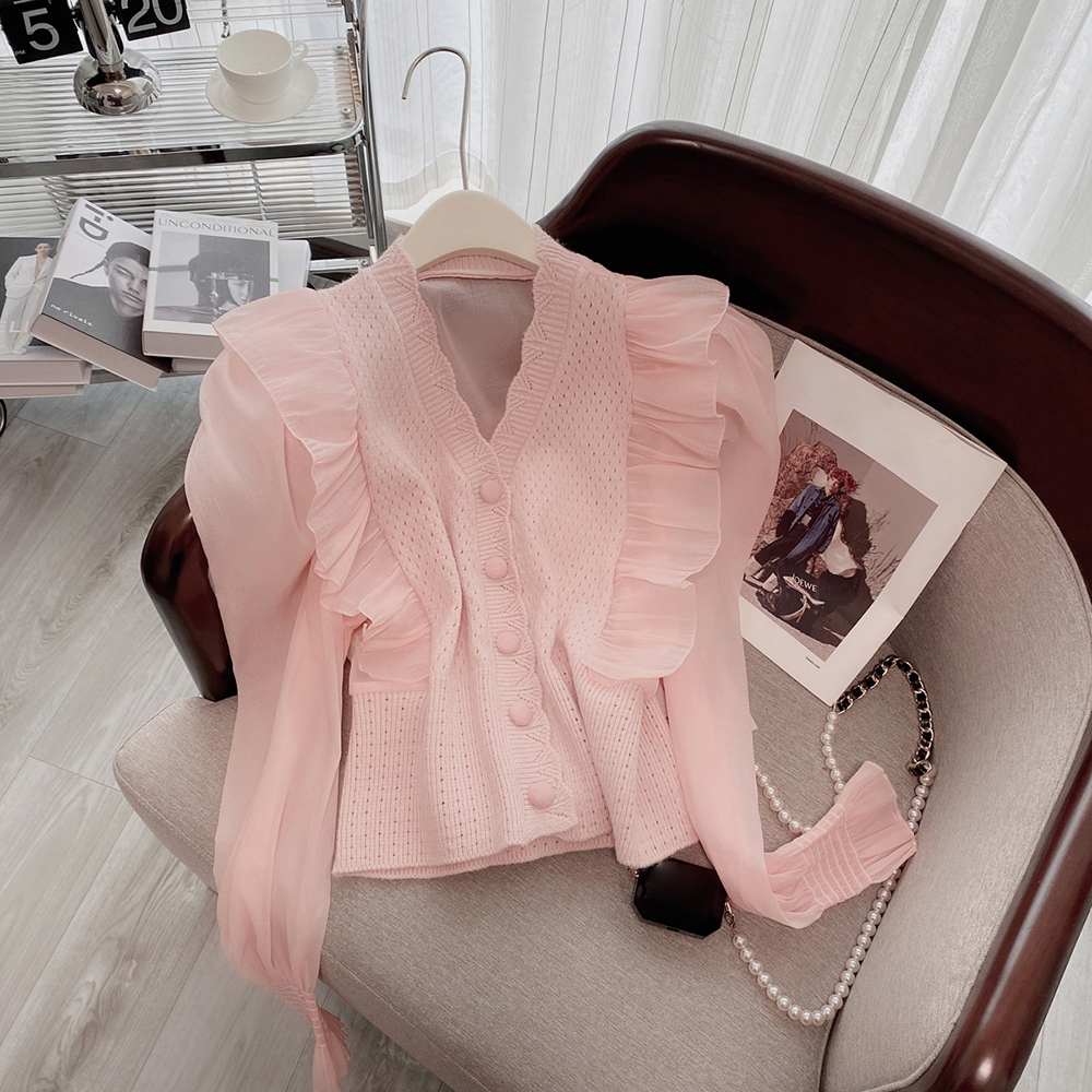 Circyy Cardigan Women Pink Sweater Shirt Single Breasted Hollow Out Ruffled Spring Autumn Solid Patchwork Tops Knitted Clothes alx