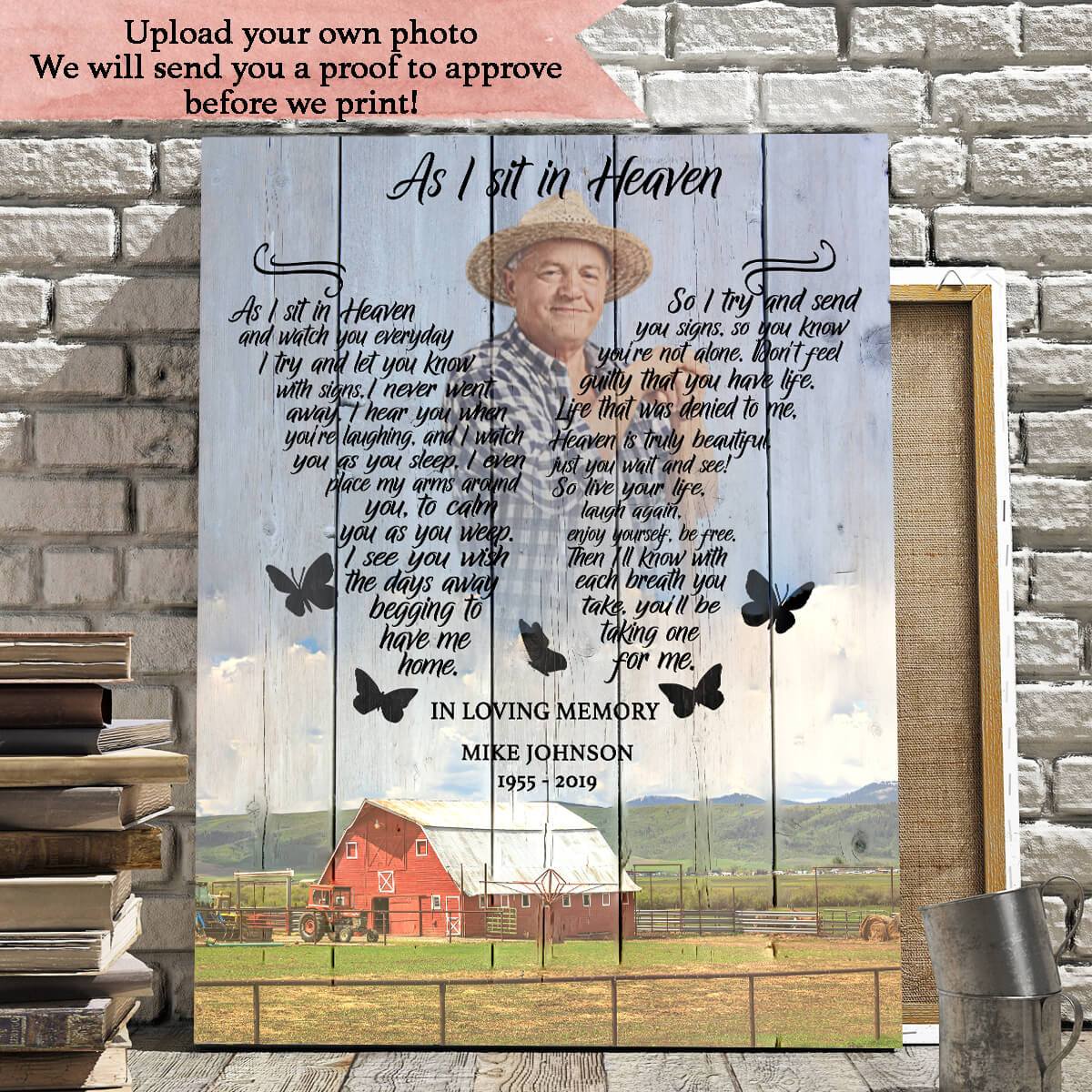 As I Sit In Heaven Farm Background, Personalized Photo Memorial Poster Canvas, Gift For Family Gift for Remembrance Home Decor Wall Art Visual Art