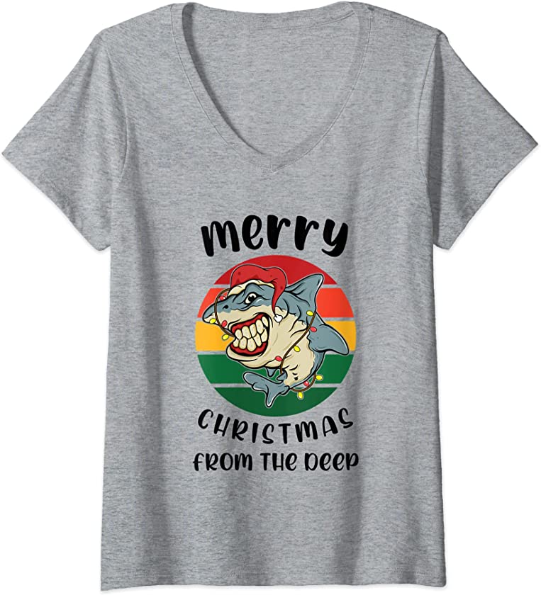 Womens Ugly Christmas Sweater Graphic Design For Shark Orcas Lovers V-Neck T-Shirt