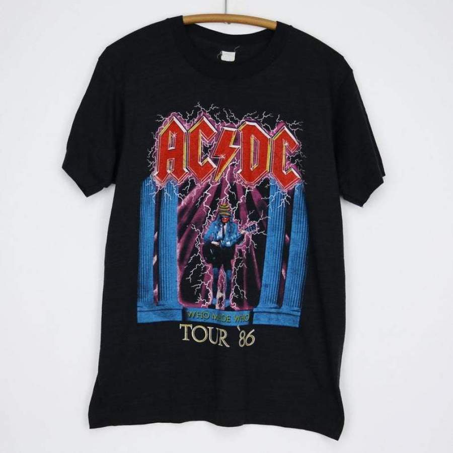 ACDC Shirt Vintage tshirt 1986 Who Made Who Tour Concert tee 1980s You Shook Me All Night Long Brian Johnson Angus Young Band Rock And Roll