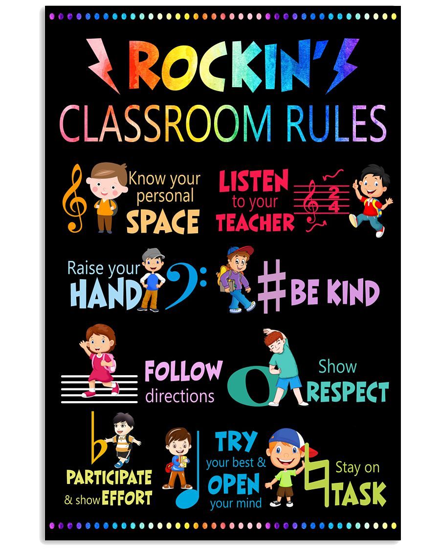 Rockin Classroom Rules Portrait Canvas & Poster Growth Mindset, Motivational Wall Art, School Office Classroom Teacher Decoration Art Wall Art