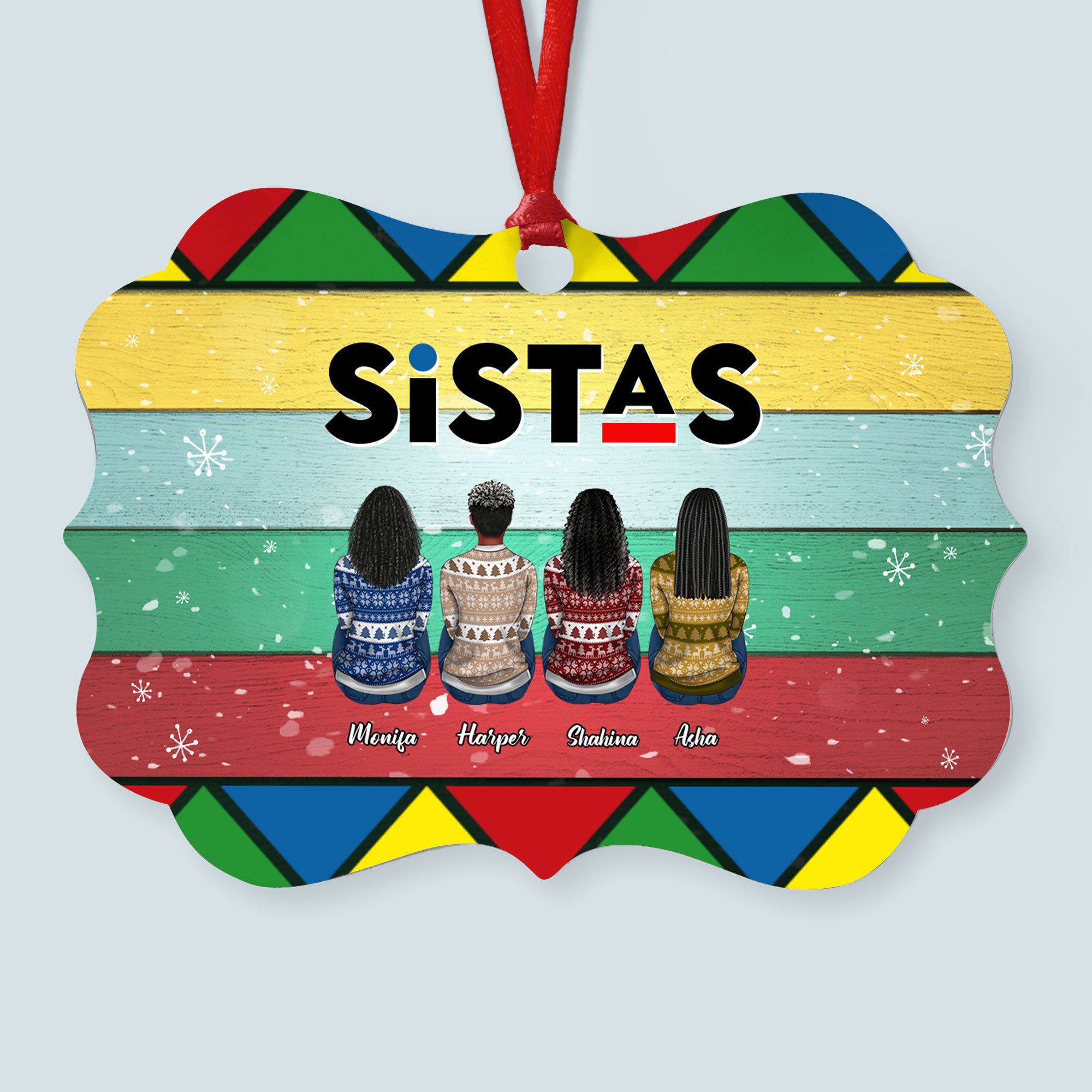 Sistas And Brothas – Personalized Aluminum Ornament – Christmas Gift Black Cultured Ornament For Friends And Siblings – Ugly Christmas Sweater Sitting