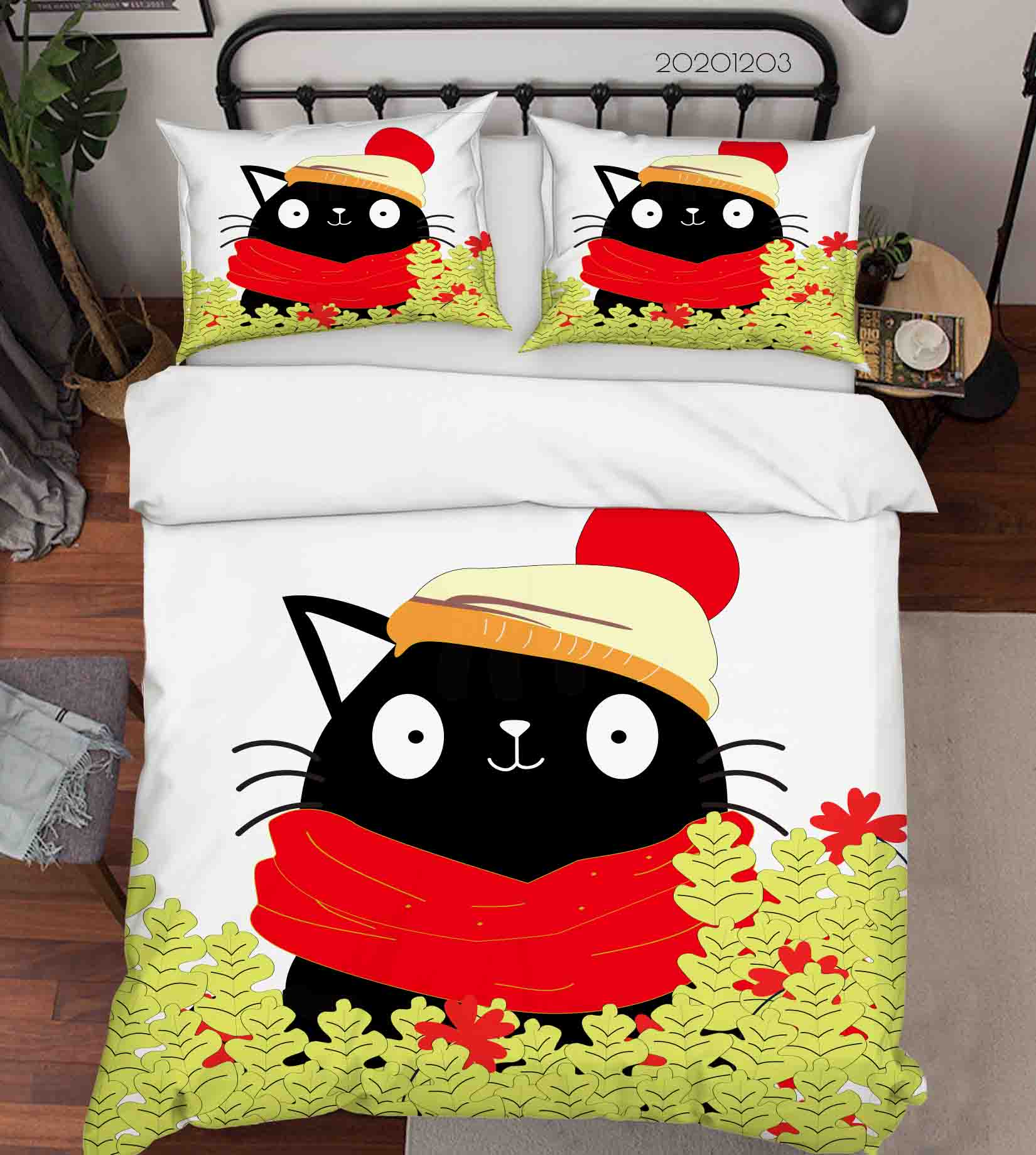 3D Cartoon Hand Drawn Black Cat Animal Green Plant Quilt Cover Set Bedding Set Duvet Cover Pillowcases Lxl