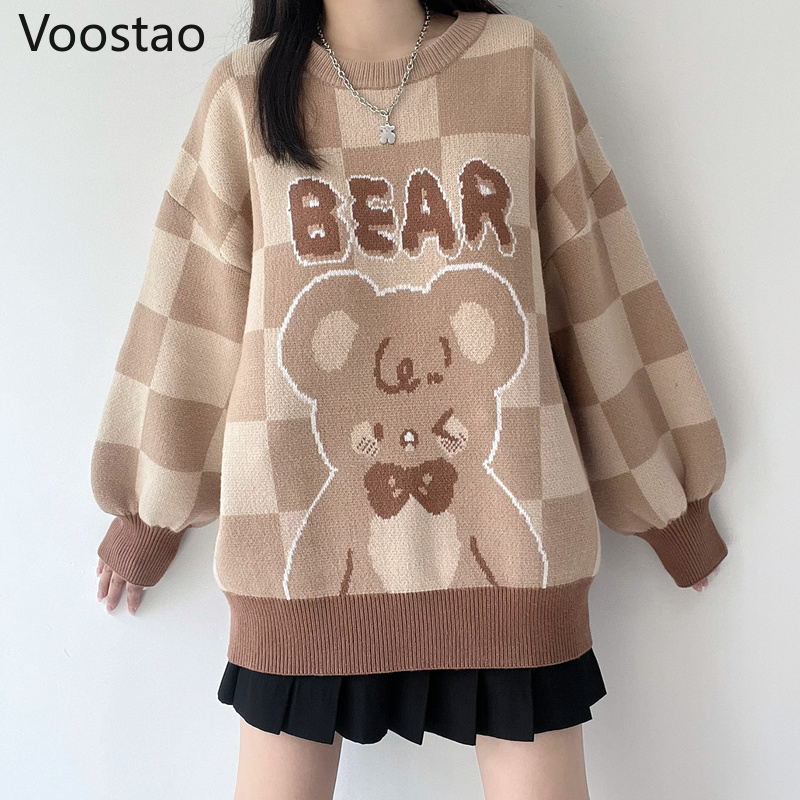 Spring Autumn Women Sweet Bear Jacquard Pattern Sweater Harajuku Cute Lolita Loose Knitted Pullover Outwear Female Knitwear Tops alx