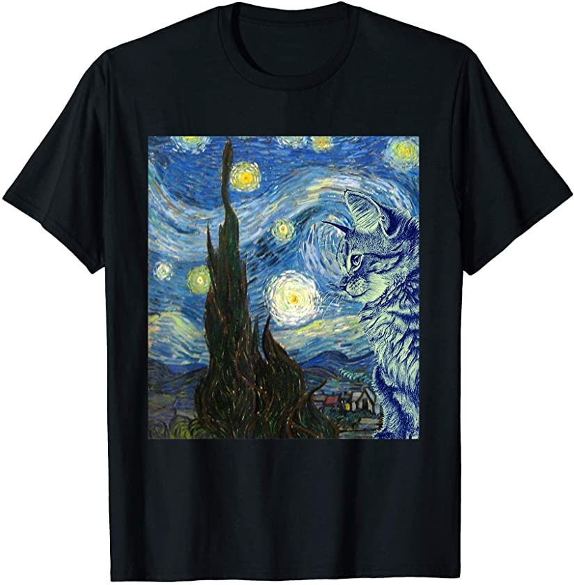 Cat On Painting Starry Night Cat Lovers Kitten Owners Gift T-Shirt