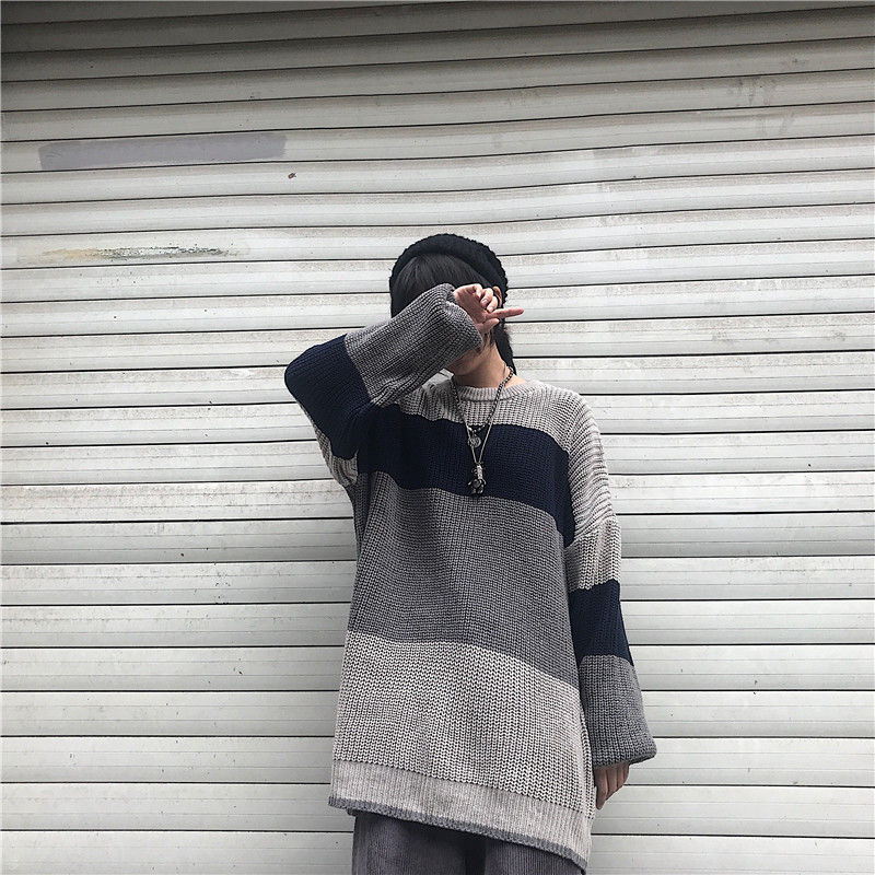 Autumn Winter Thick Sweater Women Striped Contrast Sweater Ins Loose Round Neck Harajuku Knit Pullover Korean Streetwear Jumper alx