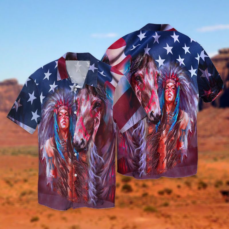 Native American Girl With Her Horse Full Print Hawaii Shirt Ha35347