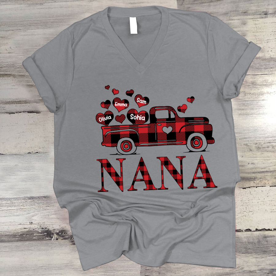 Valentine’S Day Shirt, Nana Truck Red Buffalo Plaid Heart Custom Names V-Neck