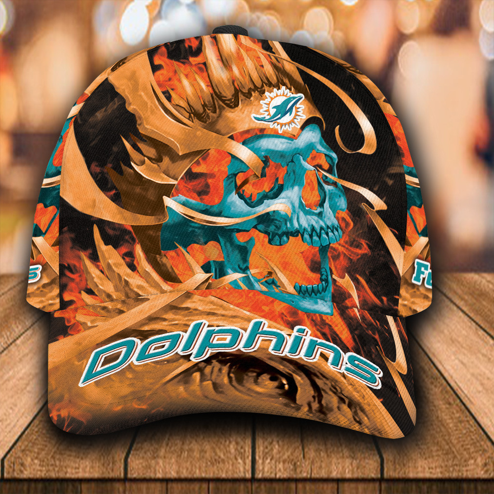 Personalized Miami Dolphins Fire Skull All Over Print 3D Baseball Cap – Orange