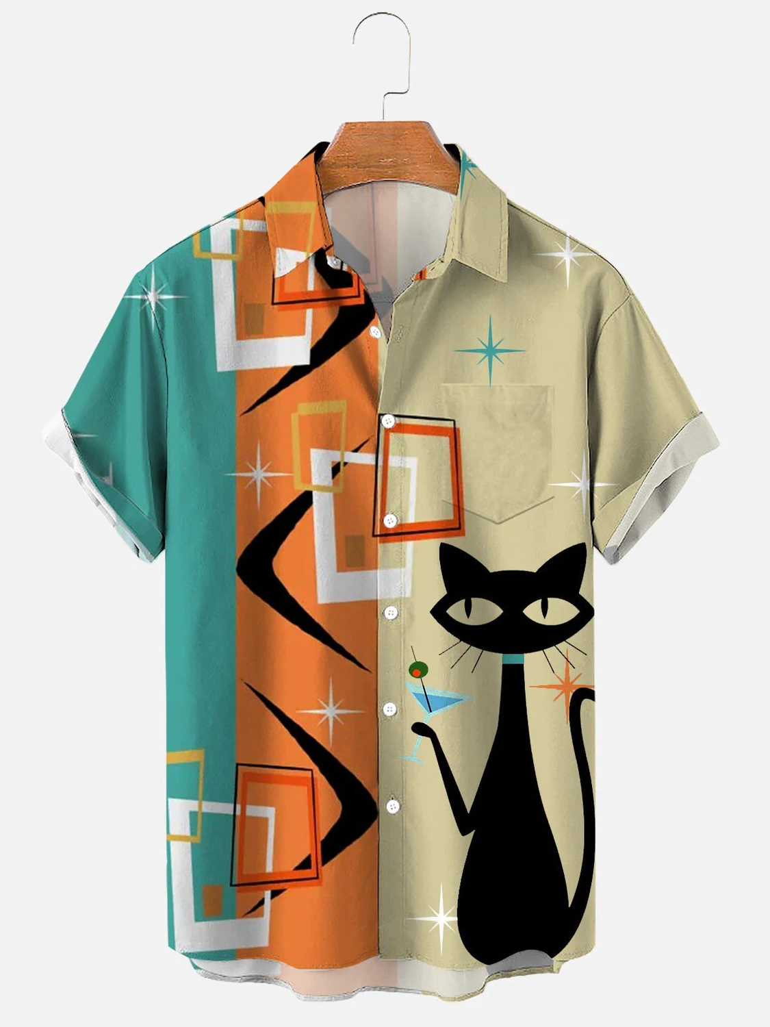 Men’S Atomic Martini Kitten Casual Vintage Print Short Sleeved Shirt