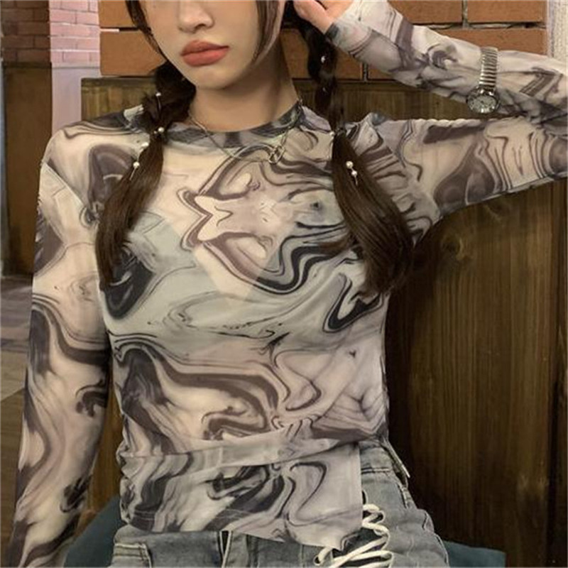 Tie-dye Print Sexy T Shirt Irregular See-Through Shirts O Neck Transparent Summer Sun Protection Outerwear TShirt Top Streetwear alx