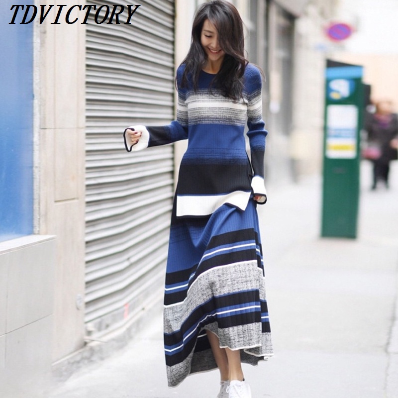 2022 Autumn winter Women Striped two piece sets womens outifits Long sleeve Sweater Pullover & Female Casual Knitted Skirt Set alx