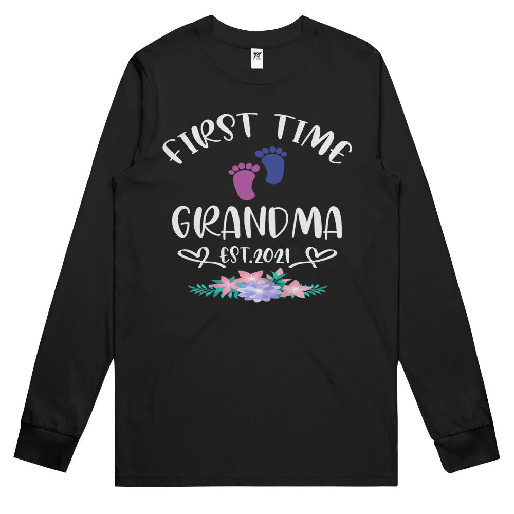 Womens First Time Grandma Shirt Promoted To Grandma Est 2021 Long Sleeve T Shirts