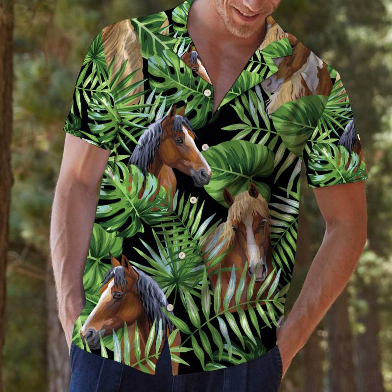 Horse Green Tropical Leaves Hawaiian Shirt Ha55217