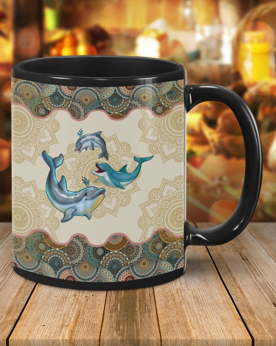 Dolphin Mandala Black Mug Gift For Dolphin Lover Gift Birthday Gift Double Side Printed Ceramic Coffee Mug Tea Cups Latte