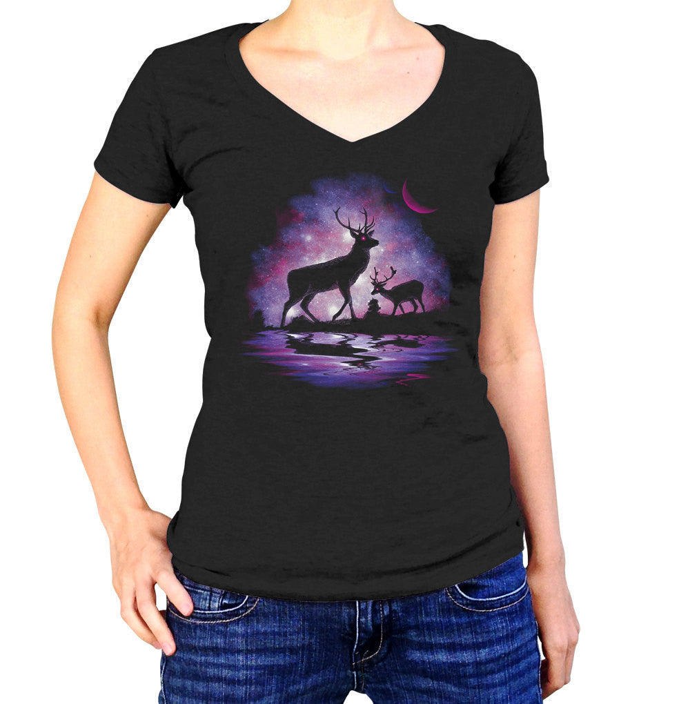 Women’S Stargazing Deer Vneck T-Shirt Astronomy Deer Tshirt