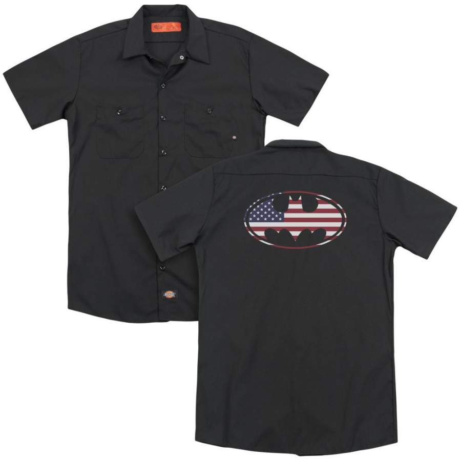 Batman – American Flag Oval (Back Print) Adult Work Shirt