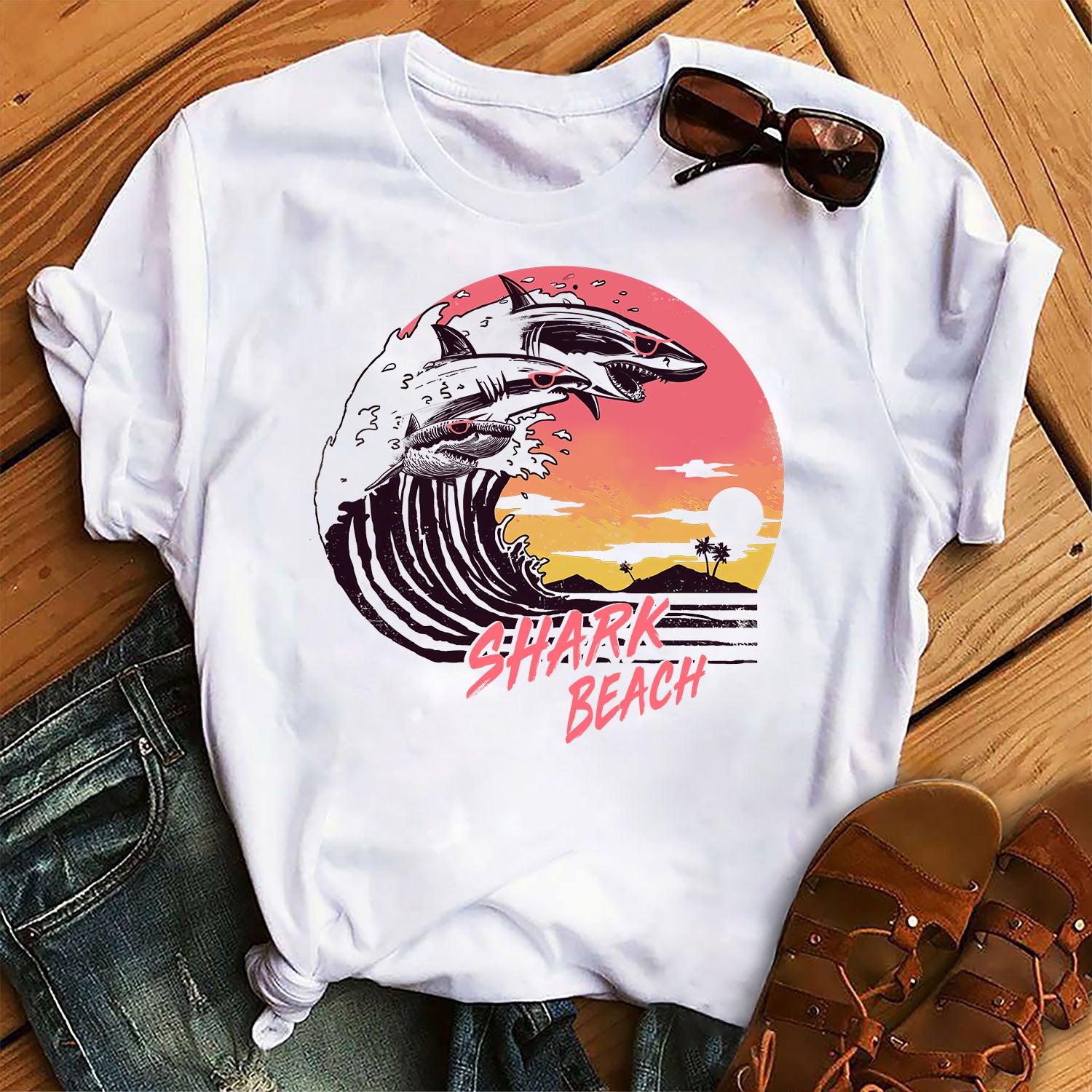 Shark Beach Sun Set Graphic Unisex T Shirt, Sweatshirt, Hoodie Size S – 5XL