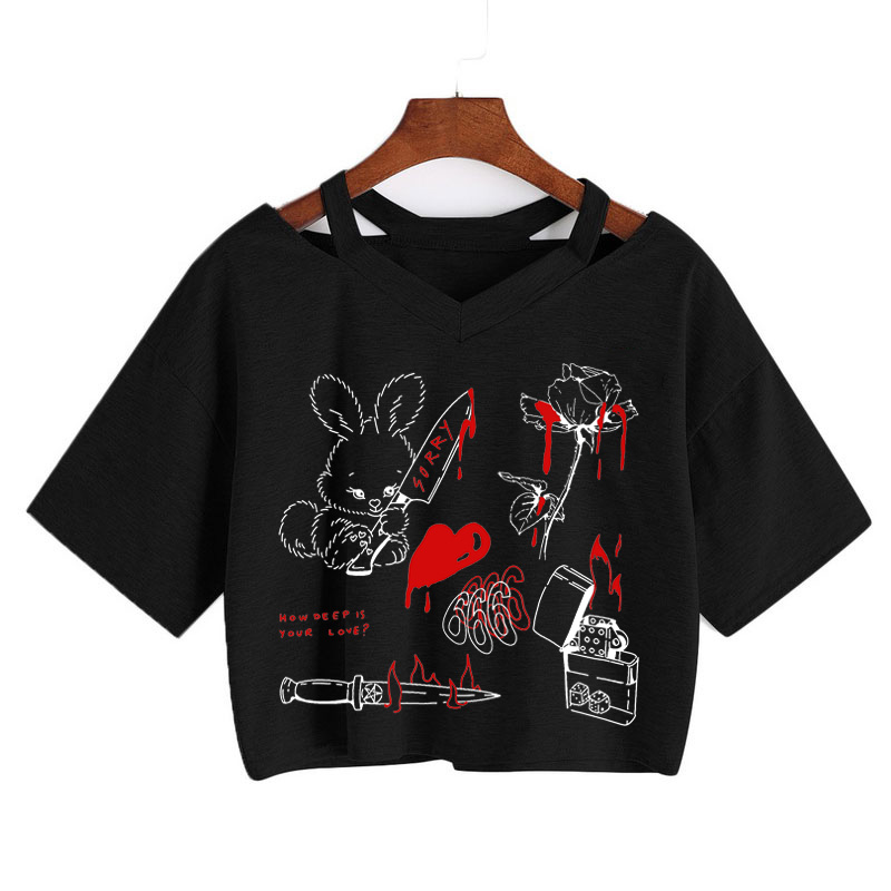 Summer Crop Tops V-Neck Punk Gothic Clothing Tee Harajuku Sexy Short sleeve T-Shirts Streetwear Short Crop Top Women Aesthetics alx