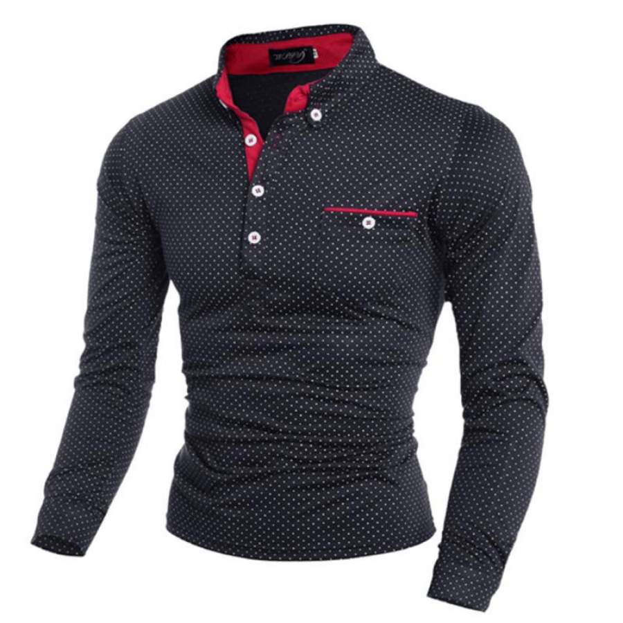 Spring Fashion Mens Dot Long Sleeve Polo Shirts Stand Collar Male Solid Printfushion