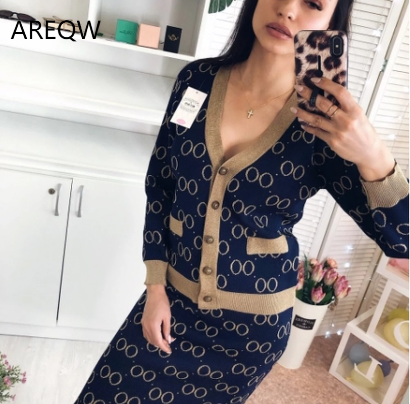 2022 New Women Winter Knitted Suit Two-piece Knitted Cardigan Jacket + Western Fashion Skirt Female Suit/Sets alx