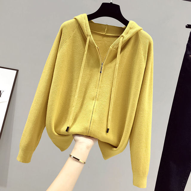 Spring Autumn Short Knitting Women’s Sweater Coat 2022 New Cardigan Jacket Loose Hooded Outside Take Thin Female Sweater Tops alx