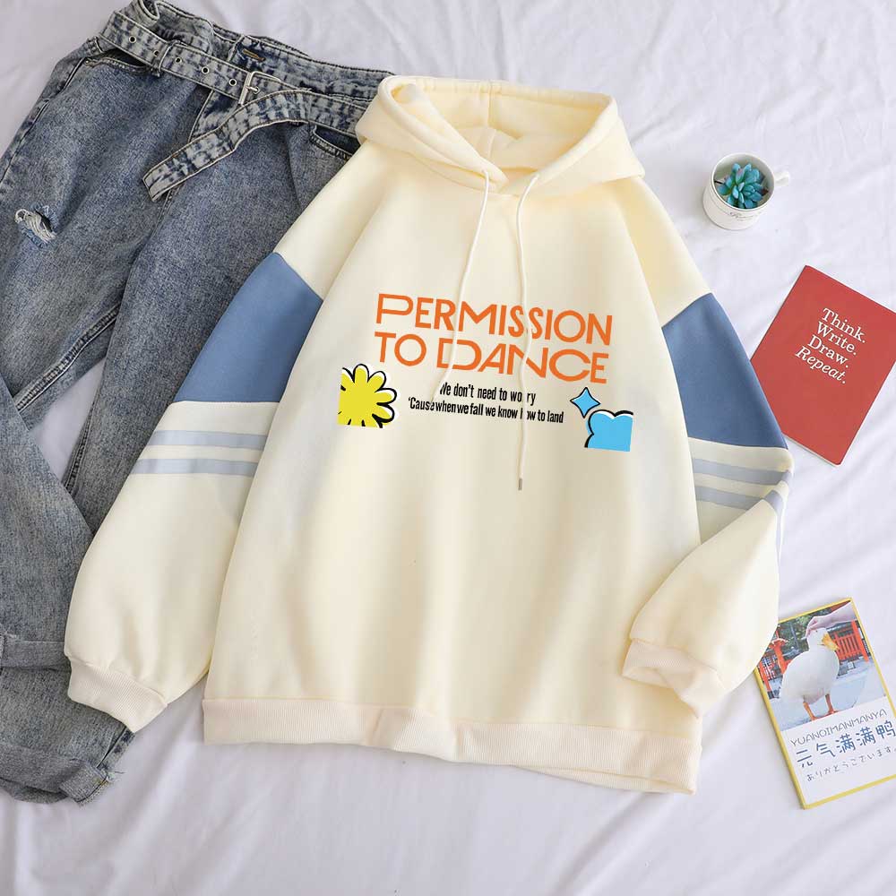 Women Fall Winter Contrast Color Splicing Fleece Harajuku Sweatshirt Bangtan Boys Kpop Permission To Dance Print Letter Hoodies alx