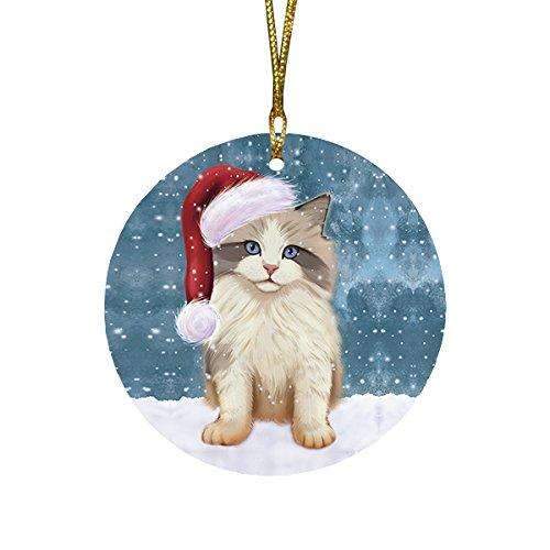 Let It Snow Christmas Holiday Ragdoll Kitten Cat Wearing Santa Hat Round Ornament D231